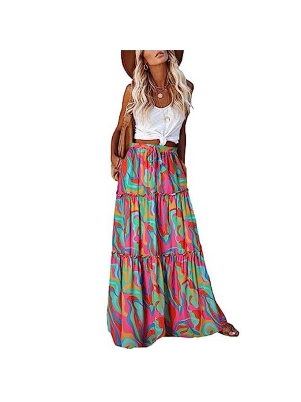 Boho Maxi Skirt High Waist Tie Flowy Summer Beach Skirt Multicolor  with Pockets